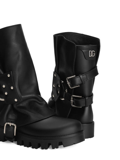 Dolce &amp; Gabbana Leather Buckled Studded Rain Boots Black