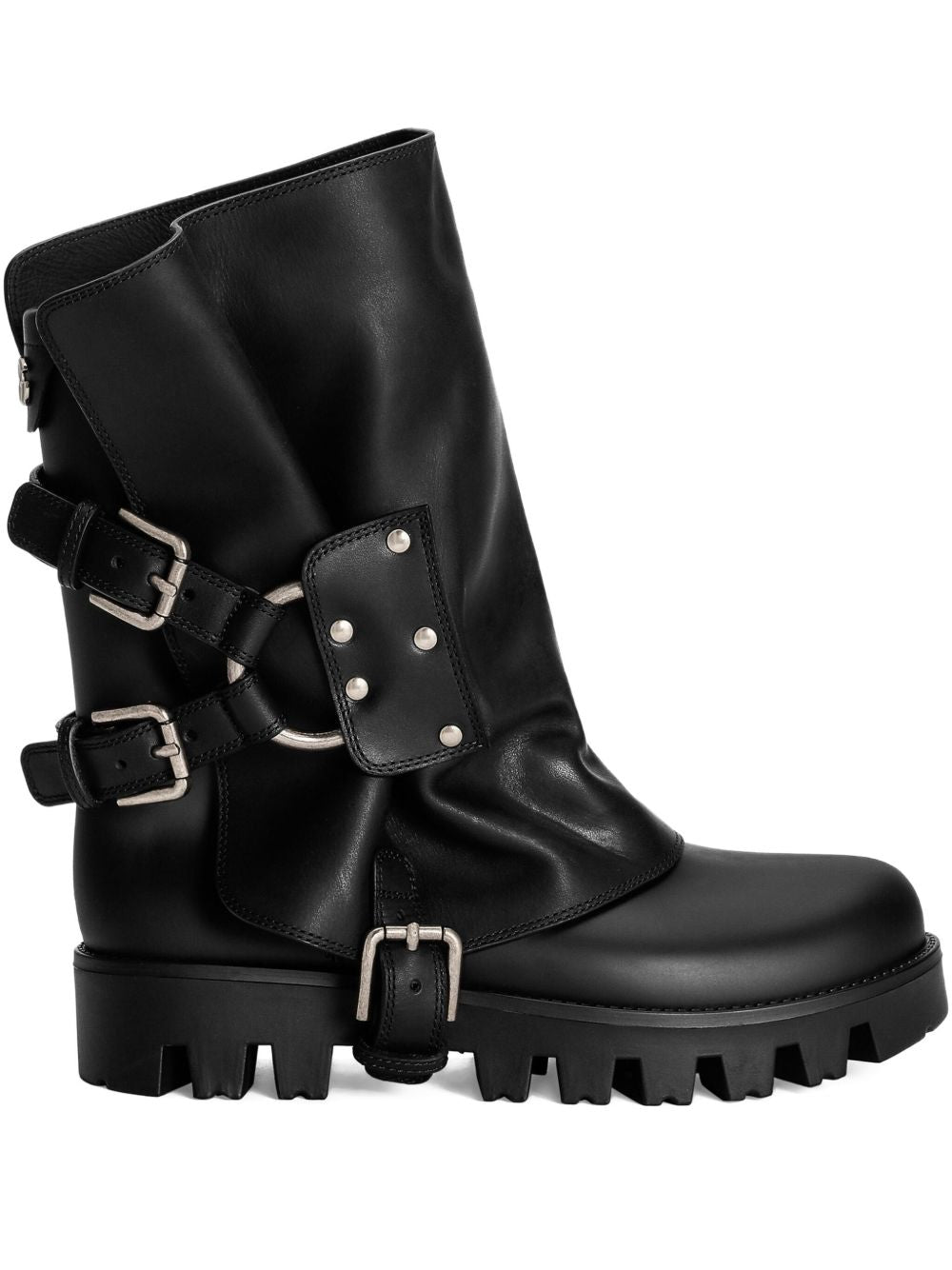 Dolce &amp; Gabbana Leather Buckled Studded Rain Boots Black