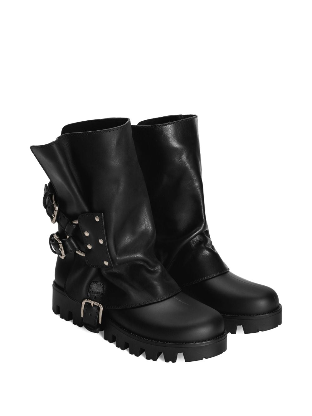 Dolce &amp; Gabbana Leather Buckled Studded Rain Boots Black