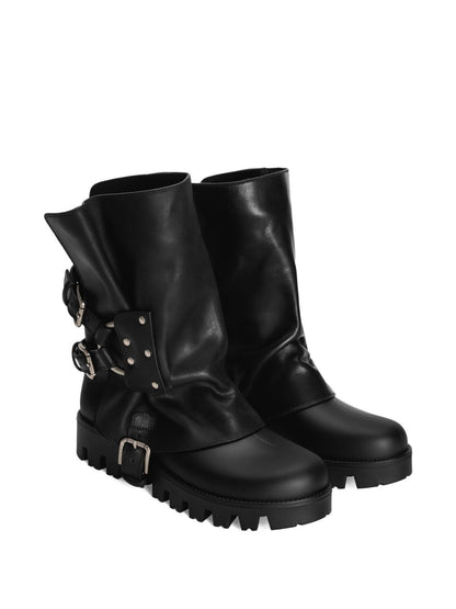 Dolce &amp; Gabbana Leather Buckled Studded Rain Boots Black