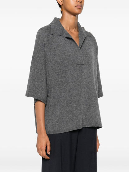 Emporio Armani Oversized Ribbed Wool-Cashmere Polo Shirt Grey