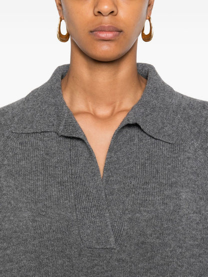 Emporio Armani Oversized Ribbed Wool-Cashmere Polo Shirt Grey