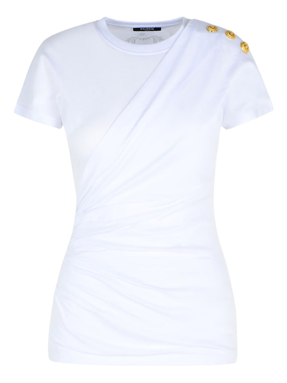 Balmain Shoulder-Button Draped Cotton T-Shirt White