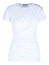Balmain Shoulder-Button Draped Cotton T-Shirt White