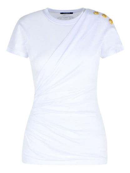 Balmain Shoulder-Button Draped Cotton T-Shirt White
