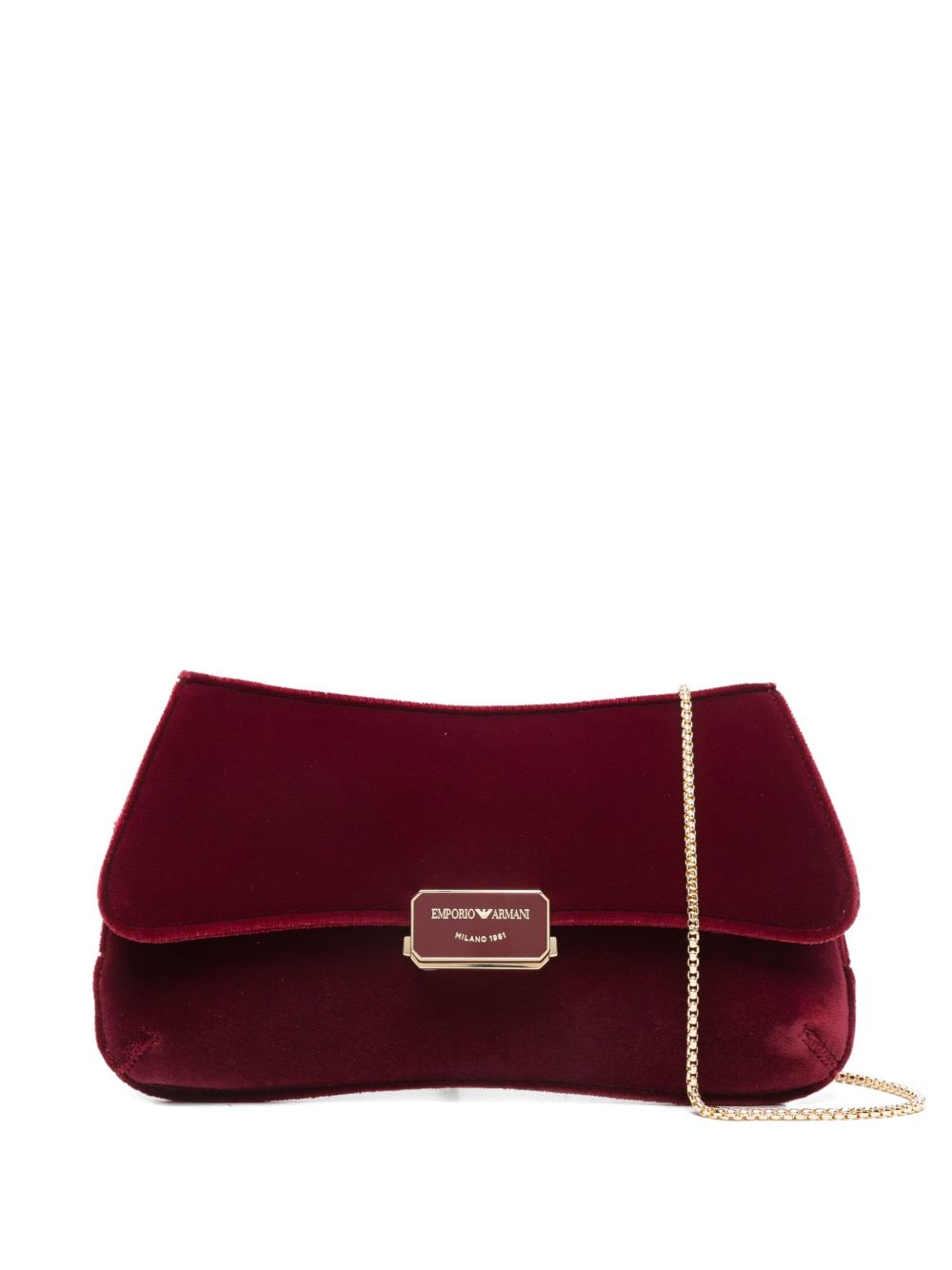 Emporio Armani Velvet Foldover Clutch Bag with Chain-Link Strap Bordeaux