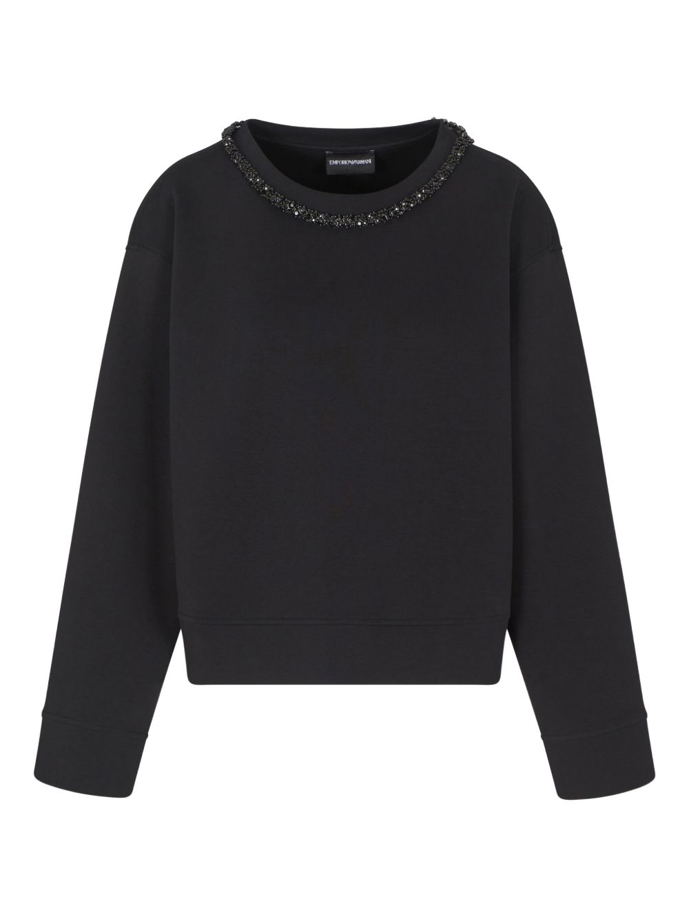Emporio Armani Rhinestone-Embellished Cotton Crewneck Sweatshirt Black