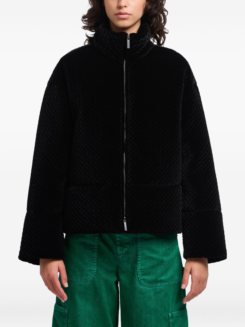 Emporio Armani Long Black Stand-Collar Zip Coat Black