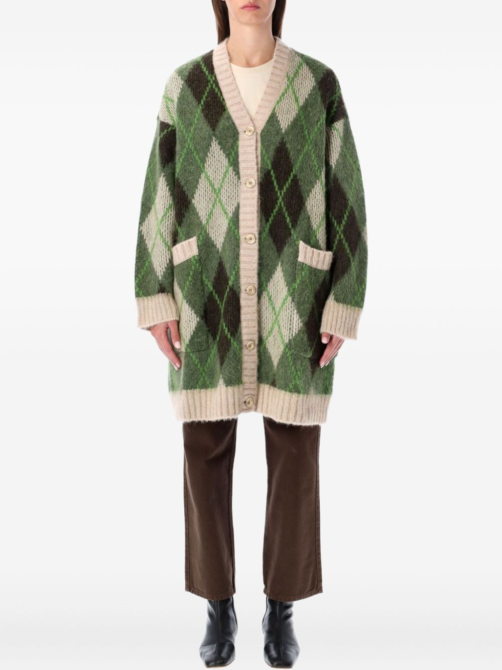 Emporio Armani Green Argyle Wool-Blend V-Neck Cardigan Multicolour