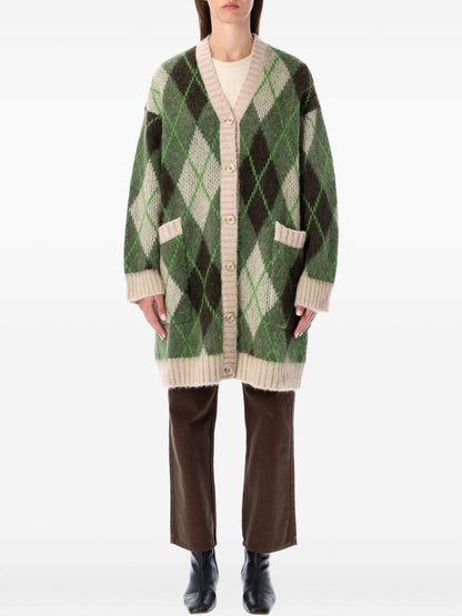 Emporio Armani Green Argyle Wool-Blend V-Neck Cardigan Multicolour