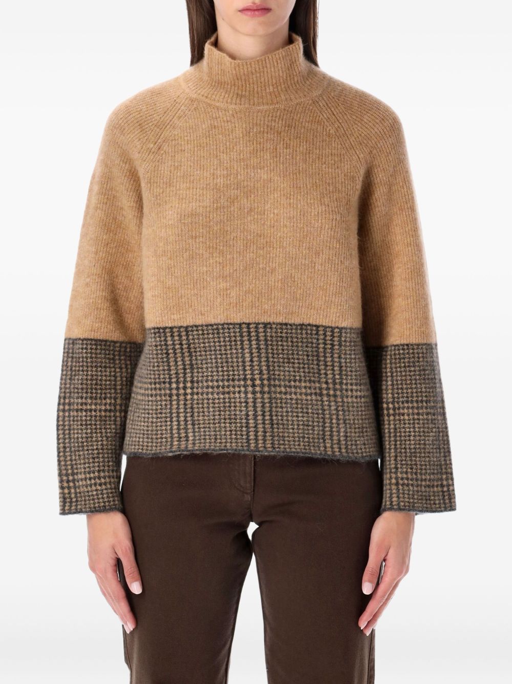 Emporio Armani Check Pattern Turtleneck Alpaca Wool-Blend Sweater Camel