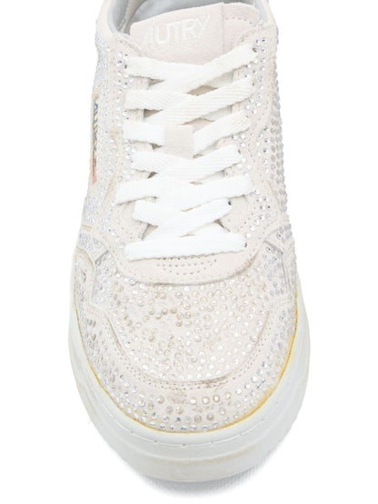 032C Medalist Low White Rhinestone Embellished Leather Sneakers White