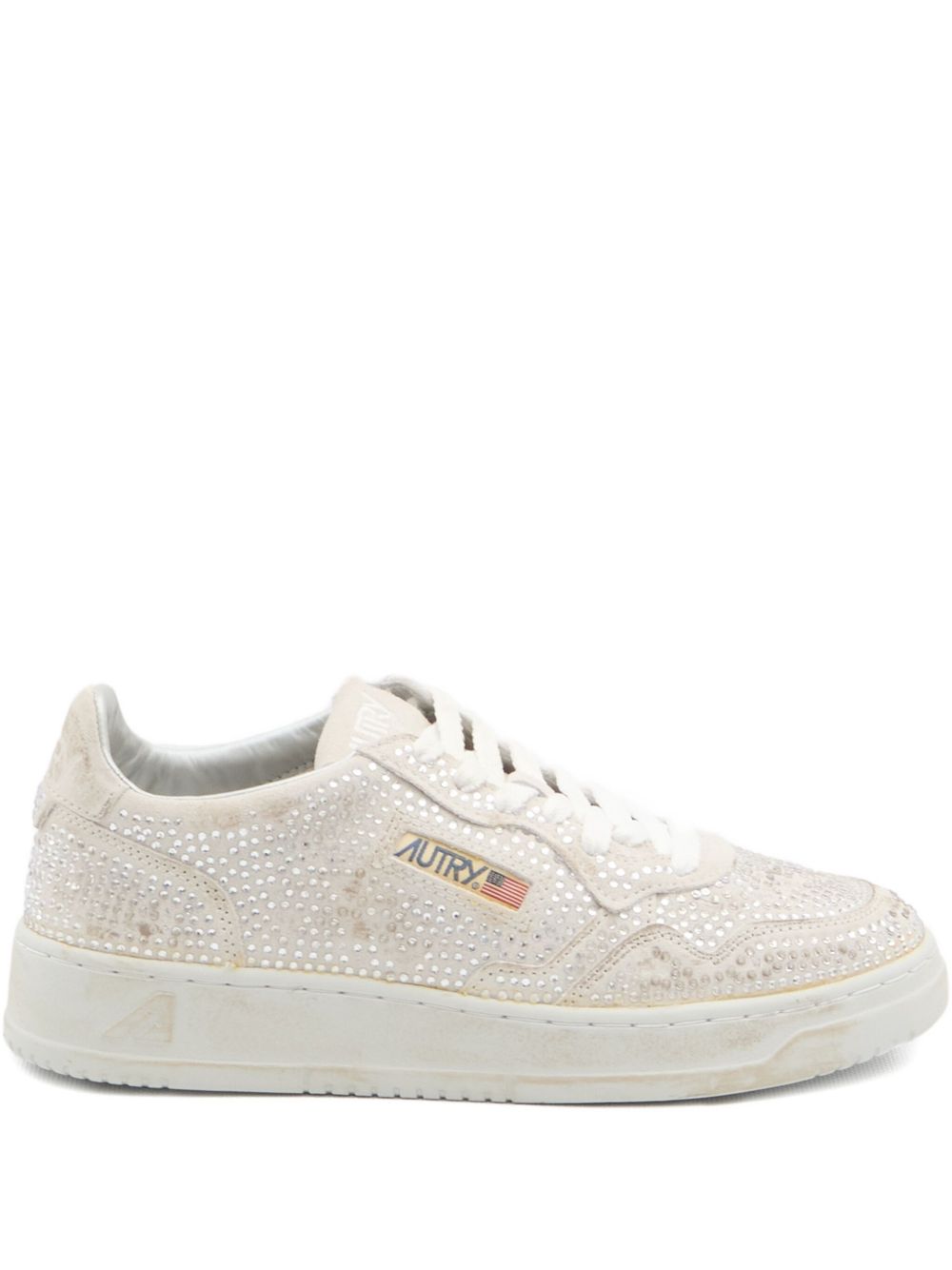 032C Medalist Low White Rhinestone Embellished Leather Sneakers White