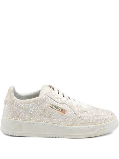032C Medalist Low White Rhinestone Embellished Leather Sneakers White