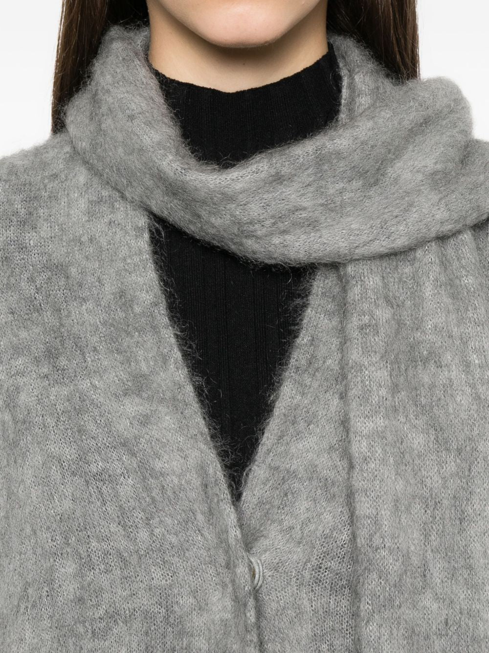 Forte Forte V-Neck Mohair-Blend Cardigan with Tie Scarf Grey