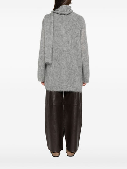 Forte Forte V-Neck Mohair-Blend Cardigan with Tie Scarf Grey