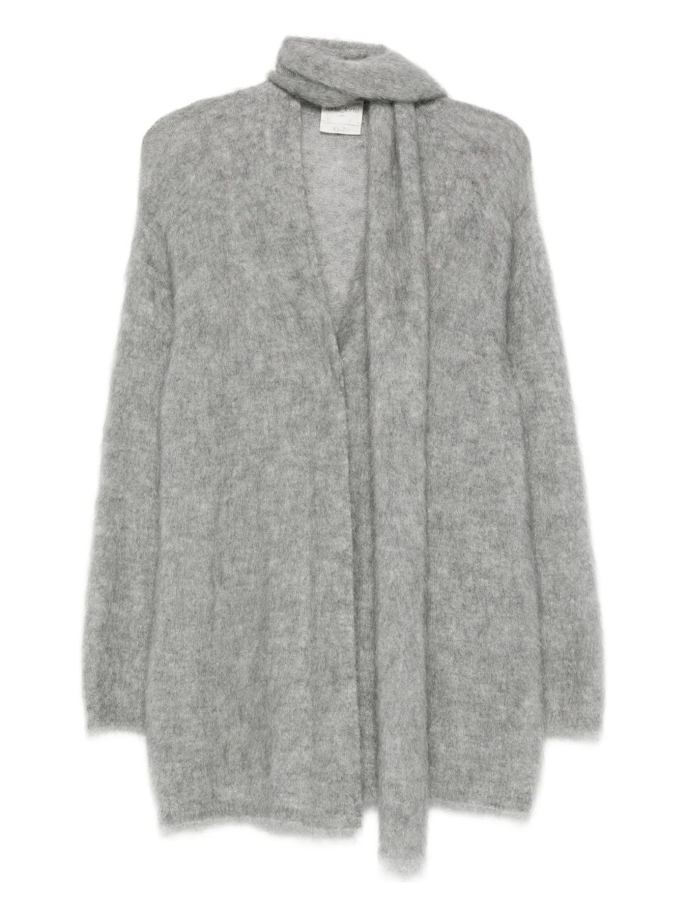 Forte Forte V-Neck Mohair-Blend Cardigan with Tie Scarf Grey