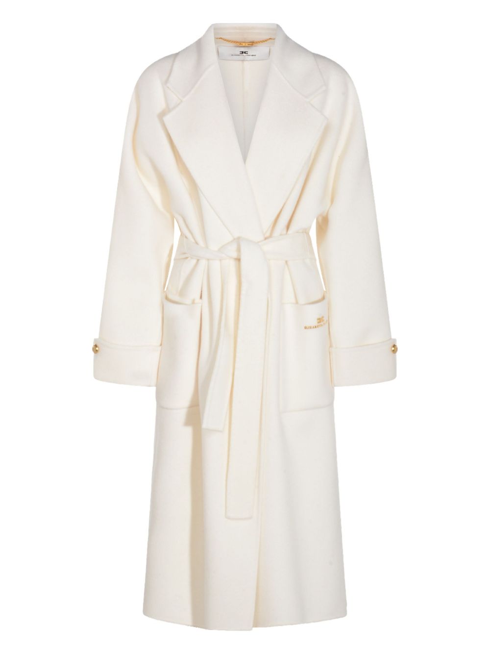 Elisabetta Franchi Wool Belted Coat with Lapel Collar and Front Pockets White White