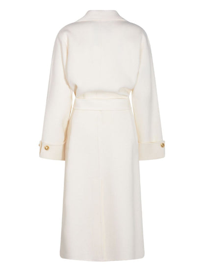 Elisabetta Franchi Wool Belted Coat with Lapel Collar and Front Pockets White White