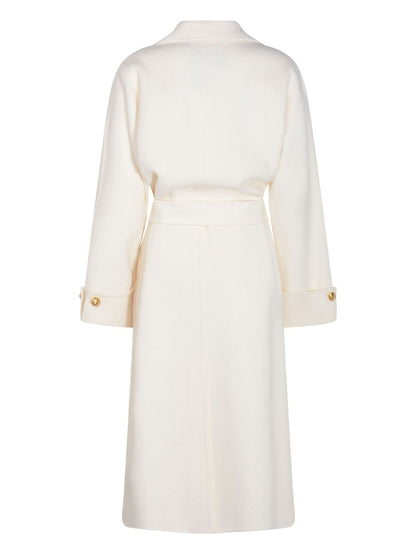 Elisabetta Franchi Wool Belted Coat with Lapel Collar and Front Pockets White White