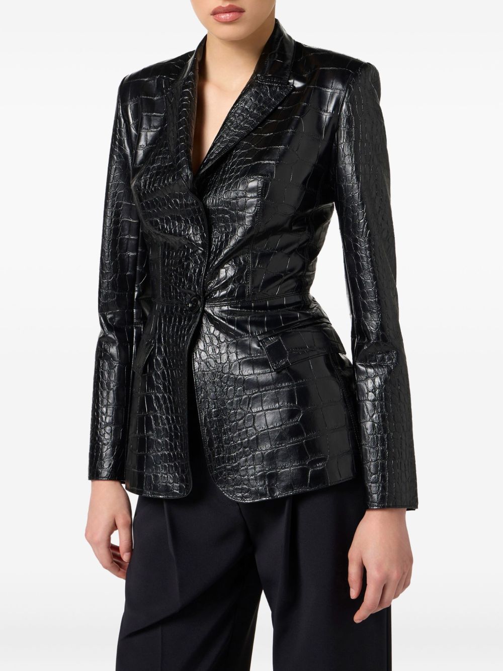 Elisabetta Franchi Crocodile-Effect Single-Button Black Jacket Black