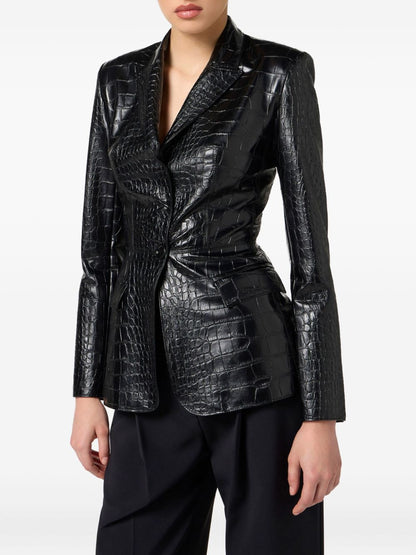 Elisabetta Franchi Crocodile-Effect Single-Button Black Jacket Black