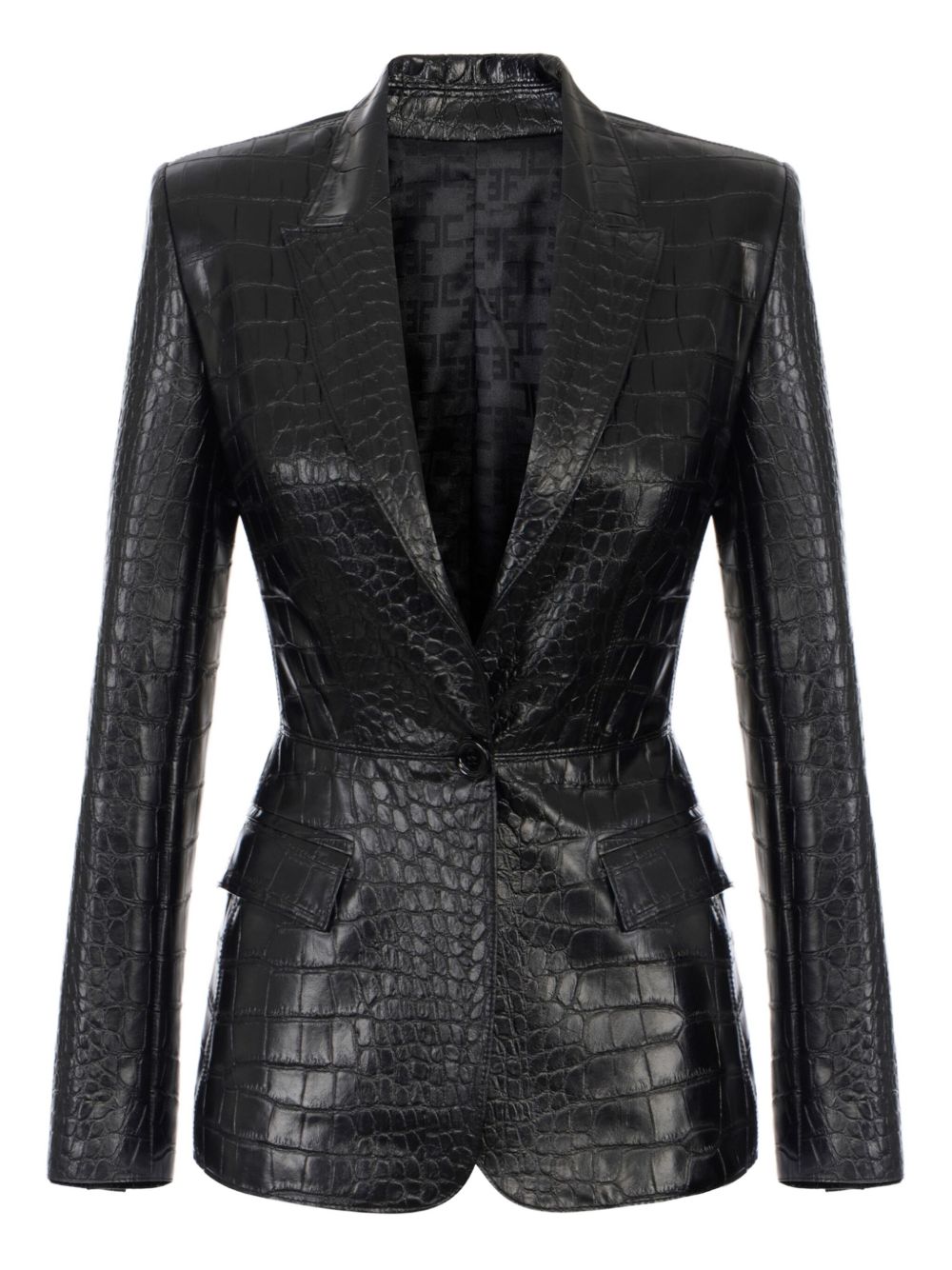 Elisabetta Franchi Crocodile-Effect Single-Button Black Jacket Black