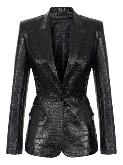 Elisabetta Franchi Crocodile-Effect Single-Button Black Jacket Black