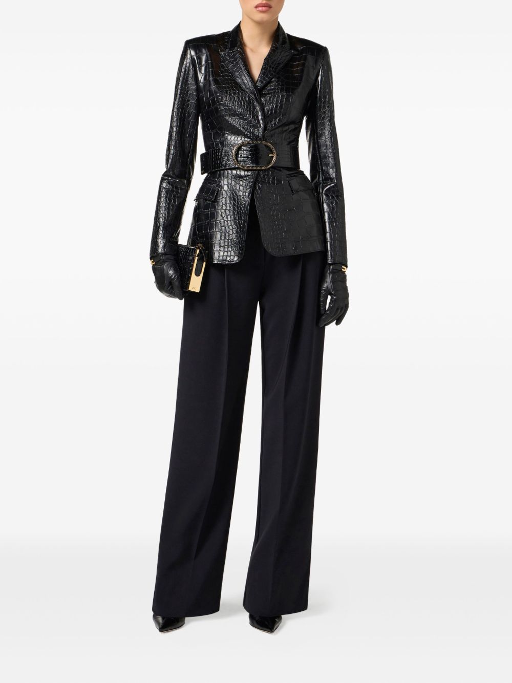 Elisabetta Franchi Crocodile-Effect Single-Button Black Jacket Black
