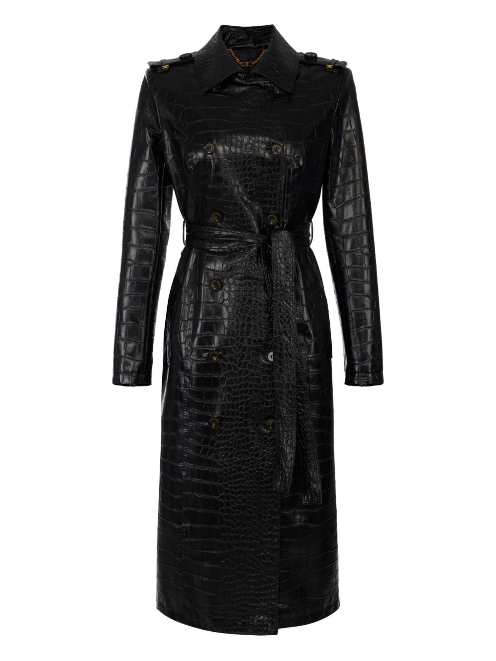Elisabetta Franchi Double-Breasted Black Croc-Effect Belted Coat Black