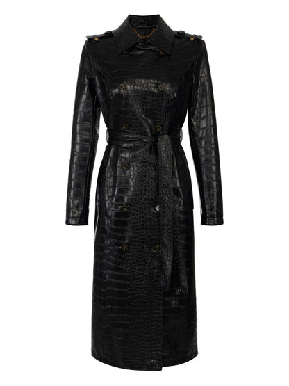 Elisabetta Franchi Double-Breasted Belted Croc-Effect Coat Black
