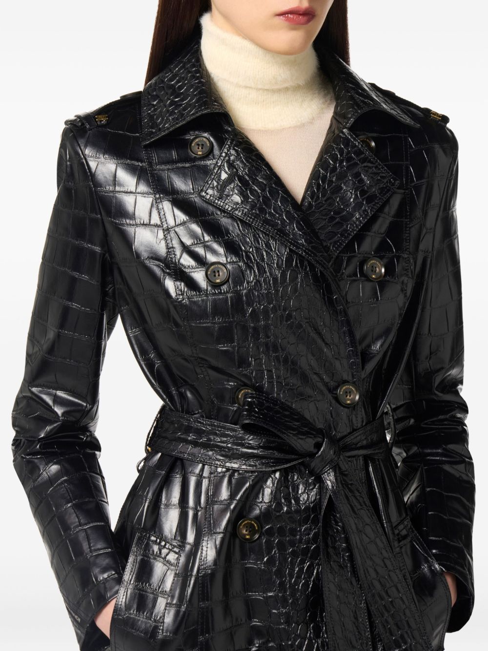 Elisabetta Franchi Double-Breasted Belted Croc-Effect Coat Black
