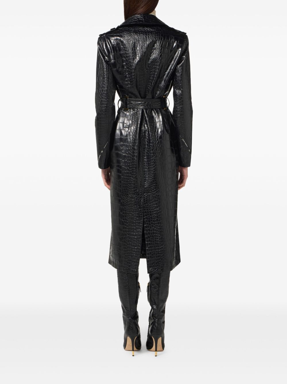 Elisabetta Franchi Double-Breasted Belted Croc-Effect Coat Black