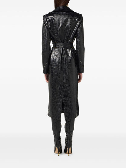Elisabetta Franchi Double-Breasted Belted Croc-Effect Coat Black