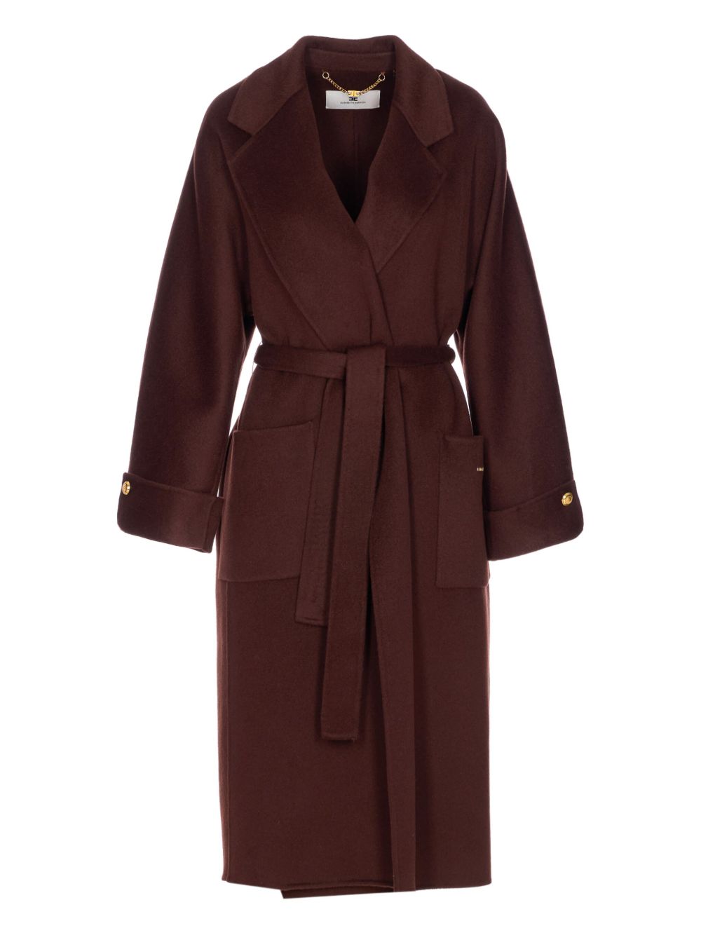 Elisabetta Franchi Wool Belted Coat With Side Flap Pockets Brown brown