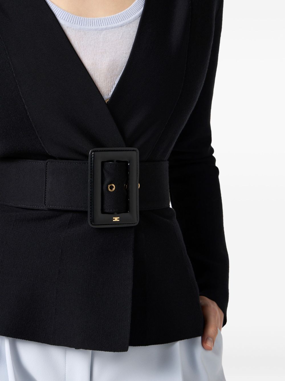 Elisabetta Franchi V-neck Fitted Waist Sweater with Wide Belt Black