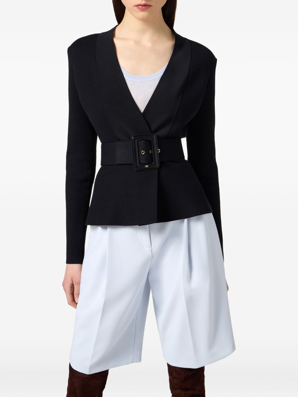 Elisabetta Franchi V-neck Fitted Waist Sweater with Wide Belt Black