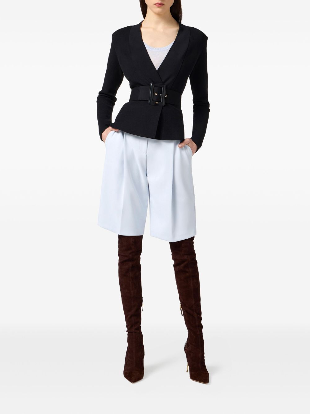 Elisabetta Franchi V-neck Fitted Waist Sweater with Wide Belt Black