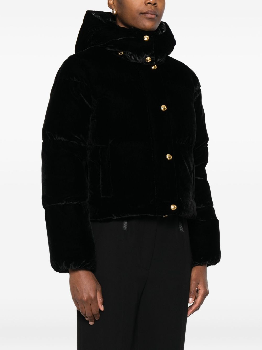 Elisabetta Franchi Cropped Velvet Quilted Down Jacket Black