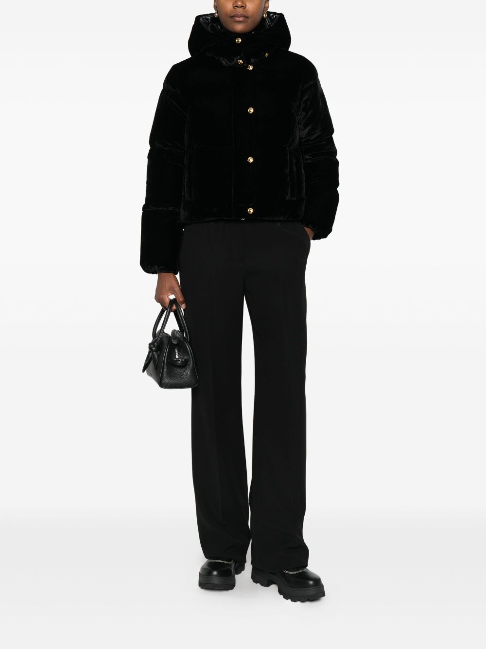 Elisabetta Franchi Cropped Velvet Quilted Down Jacket Black