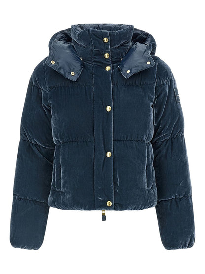 Elisabetta Franchi Cropped Velvet-Effect Quilted Down Jacket Blue