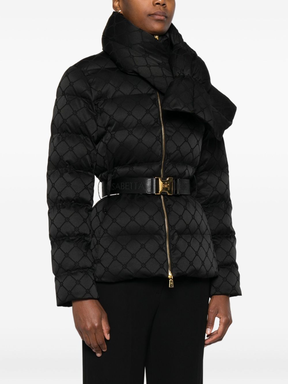 Elisabetta Franchi Quilted Short Down Jacket with Belt Black