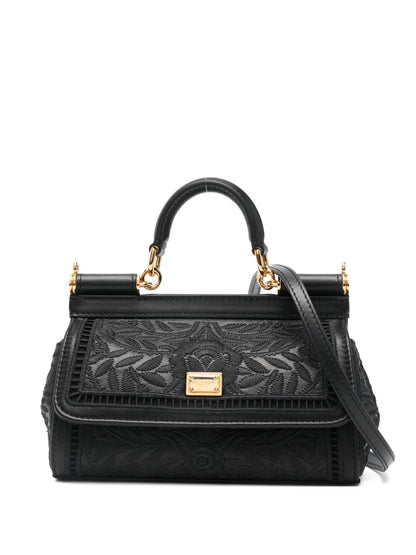 Dolce &amp; Gabbana Sicily Small Floral-Embroidered Handbag Black