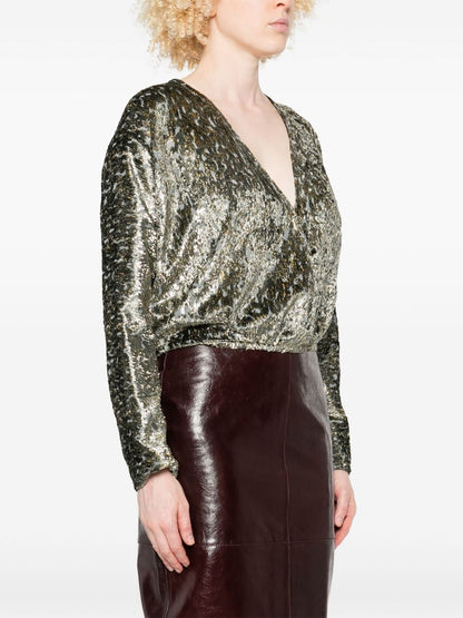 Forte Forte Metallic Silver-Effect Crossed V-Neck Shirt Grey