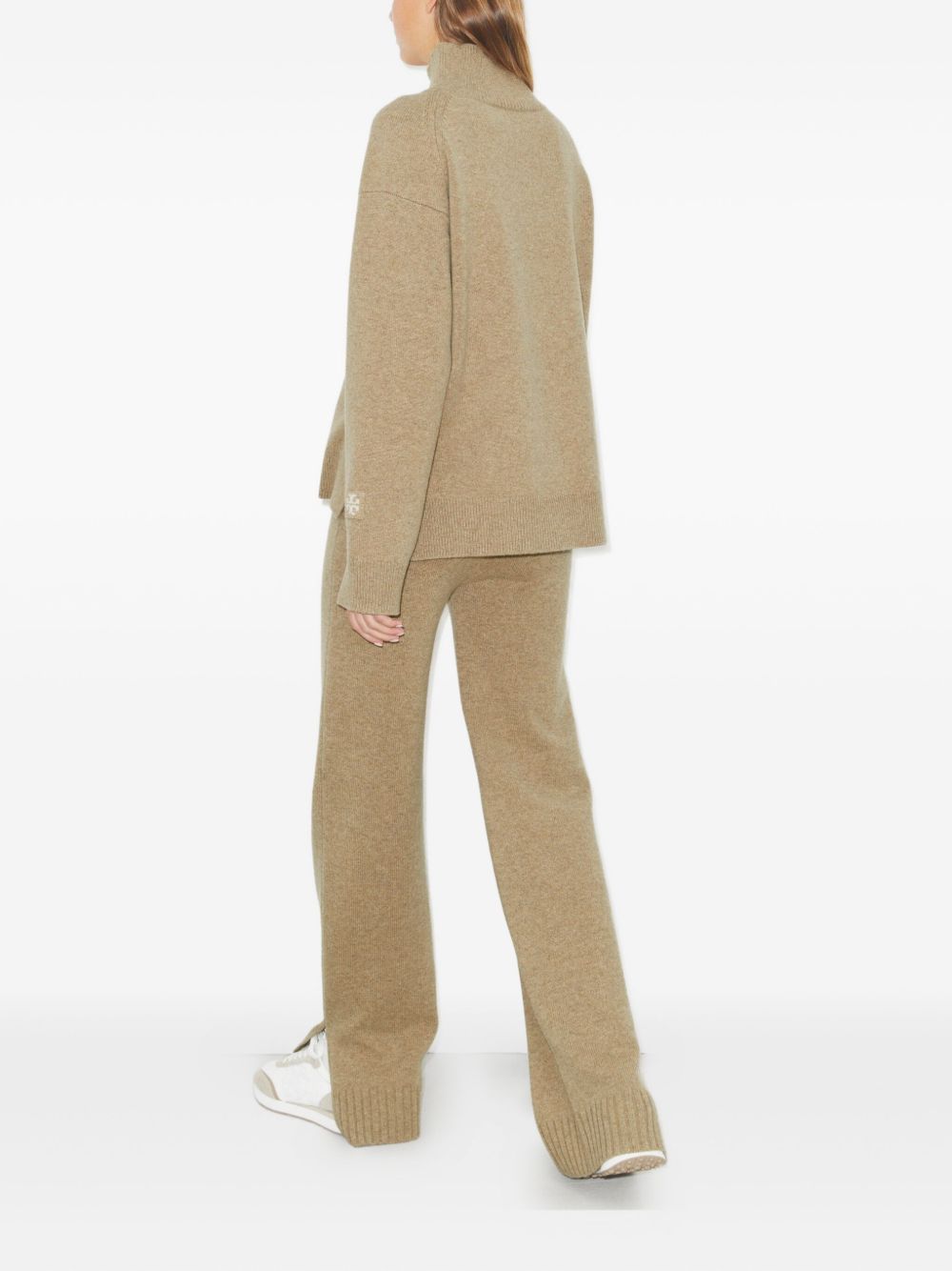 Tory Burch Melange Oatmeal Wool Side-Slit Knitted Trousers Beige