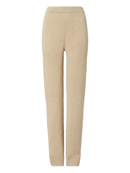 Tory Burch Melange Oatmeal Wool Side-Slit Knitted Trousers Beige