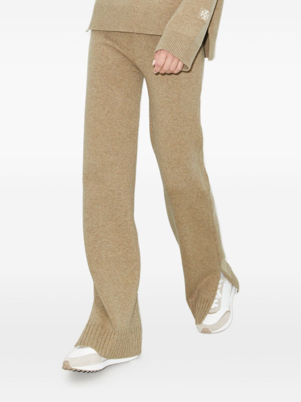 Tory Burch Melange Oatmeal Wool Side-Slit Knitted Trousers Beige