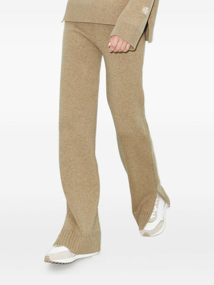 Tory Burch Melange Oatmeal Wool Side-Slit Knitted Trousers Beige