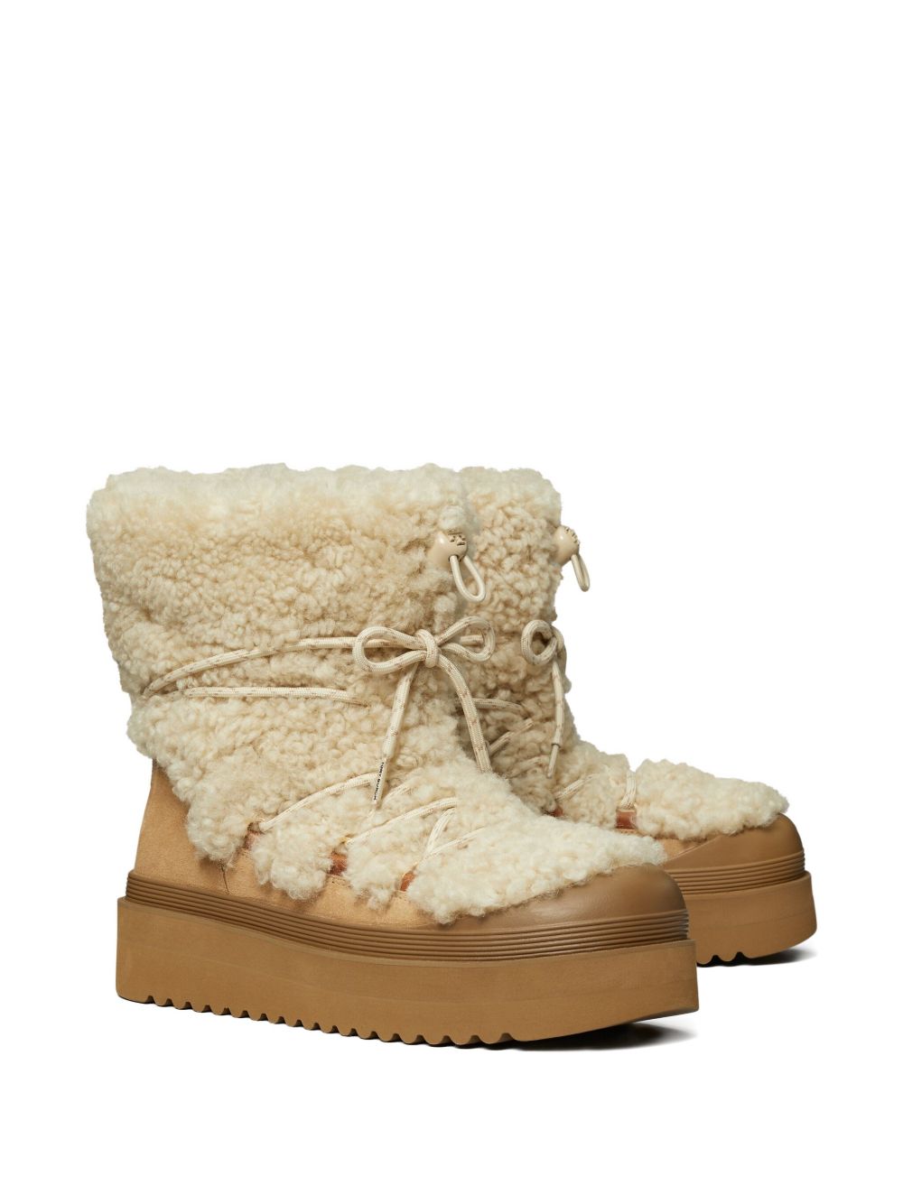 Tory Burch Mellow Shearling Platform Lace-Up Boots Beige