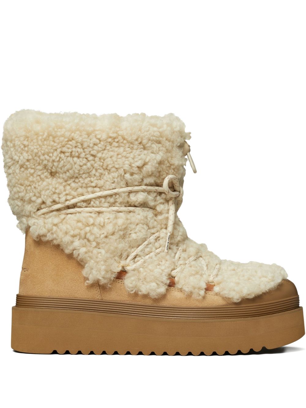 Tory Burch Mellow Shearling Platform Lace-Up Boots Beige